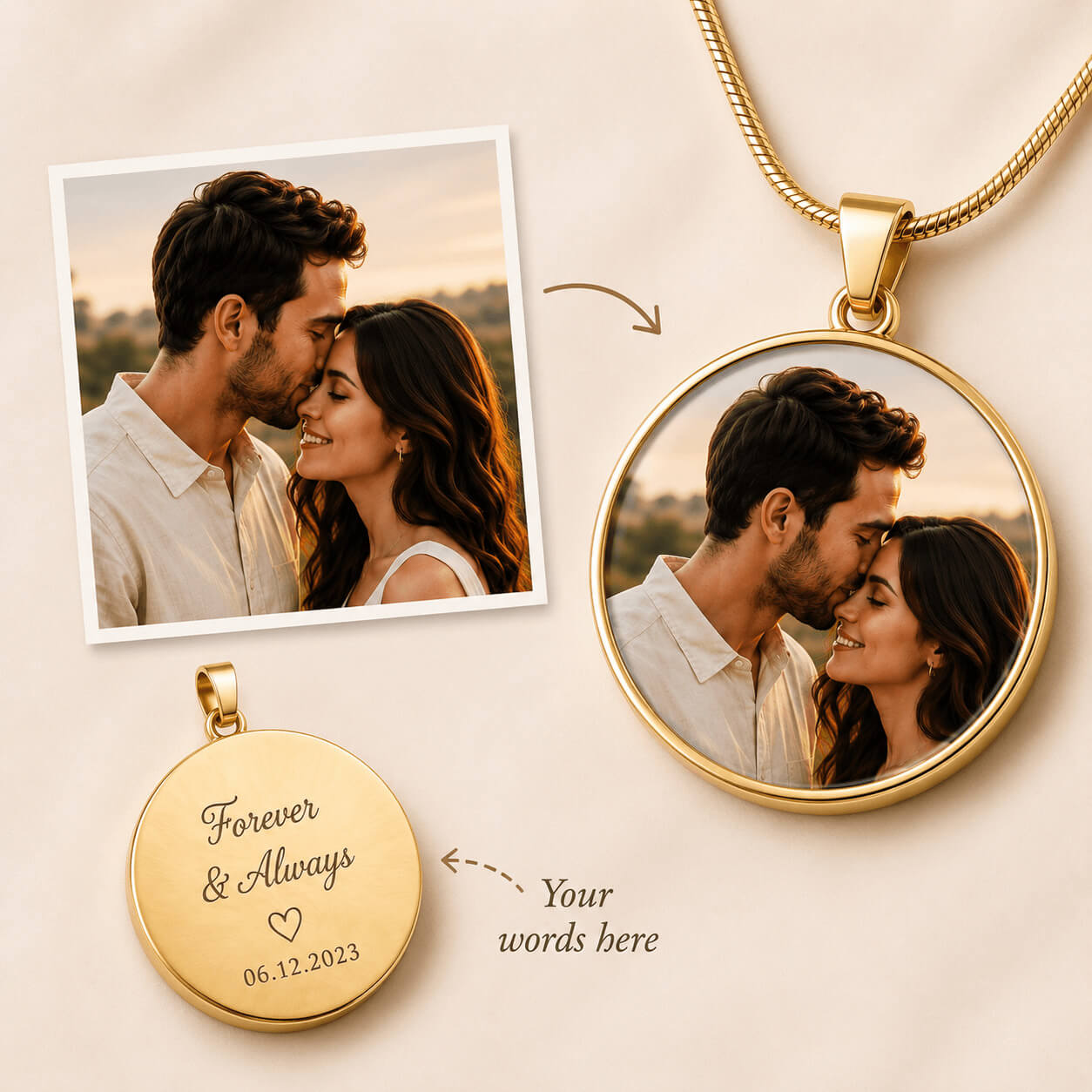 Gold personalized circle photo necklace with custom engraving and couple portrait