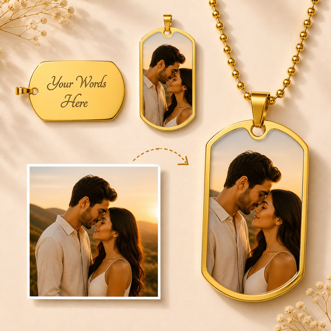 Gold personalized dog tag photo necklace with custom engraving and couple portrait