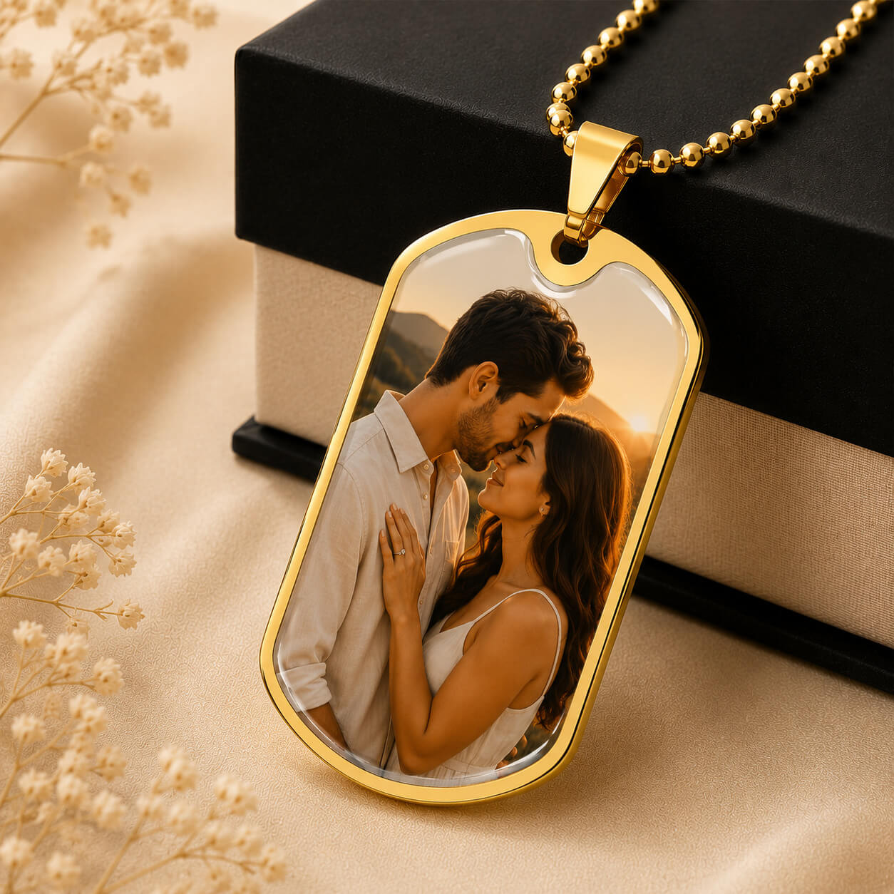 Gold personalized dog tag photo necklace with couple portrait displayed beside gift box