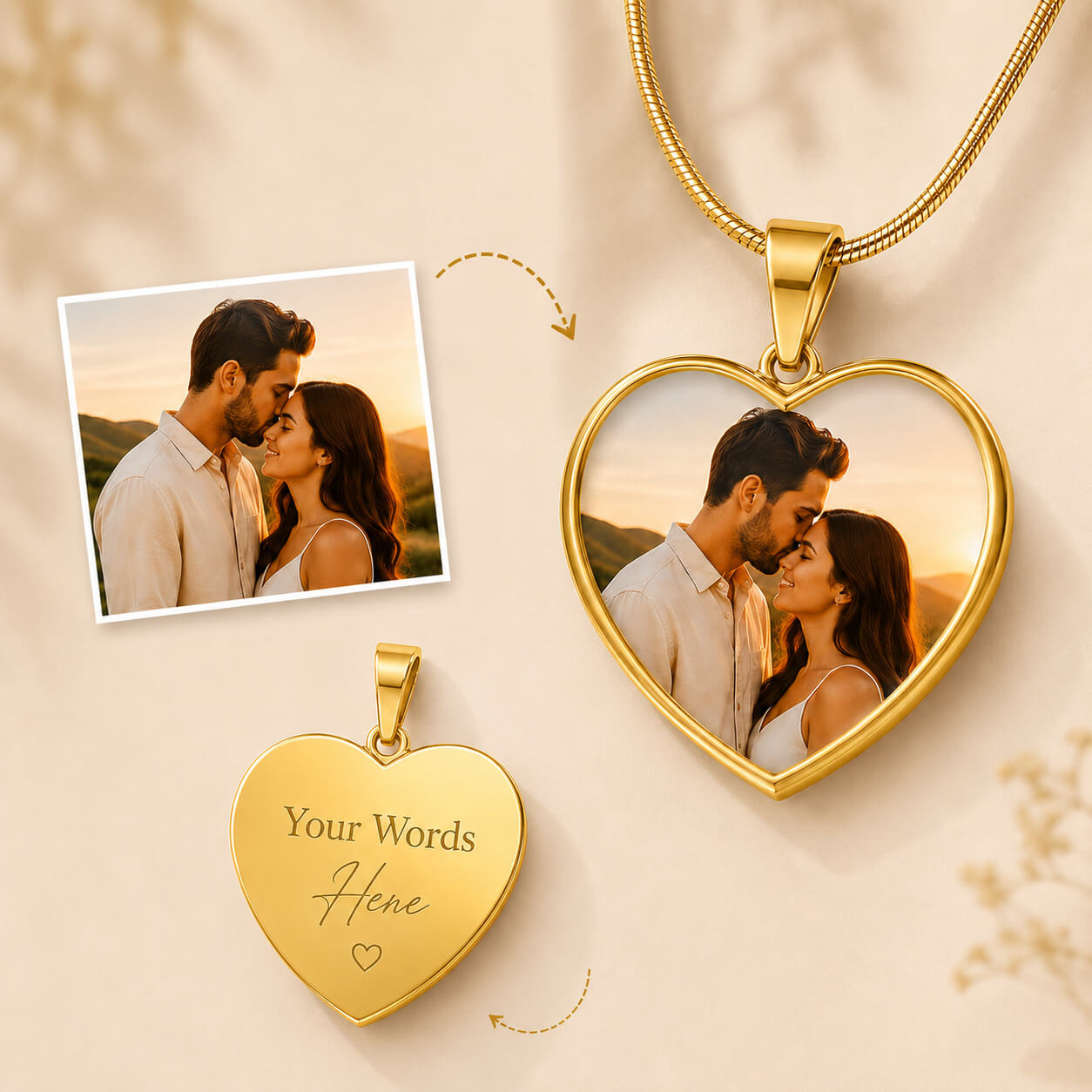 Gold personalized heart photo necklace with custom engraving and couple portrait