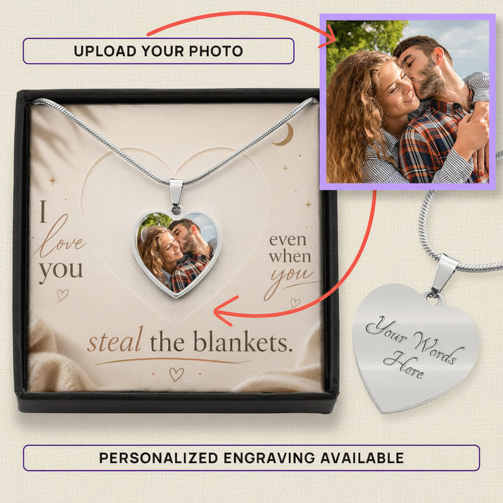 Personalized heart photo necklace in silver with custom engraving option