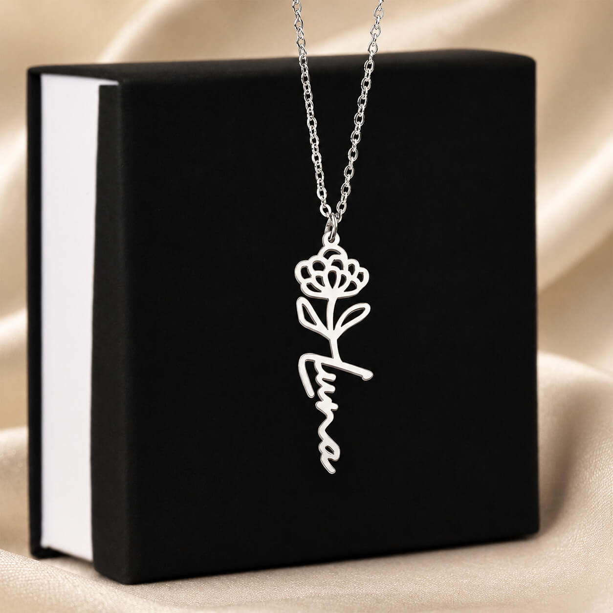 Personalized birth flower name necklace in silver with standard gift box