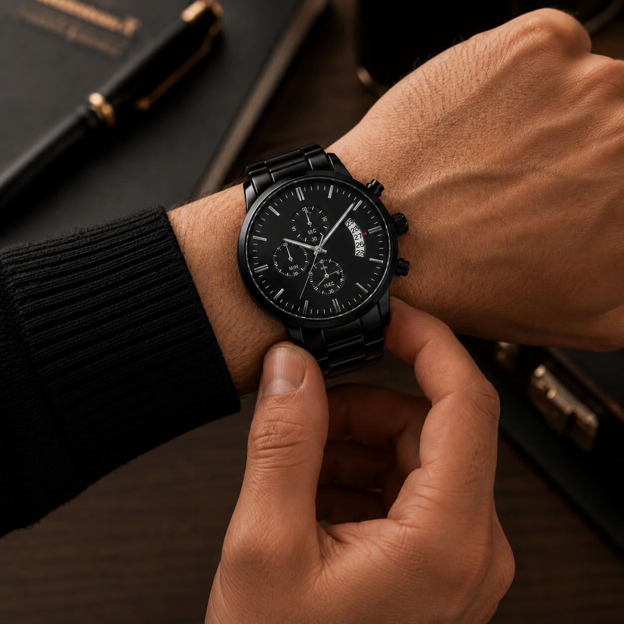 Personalized engraved black chronograph watch worn by a man