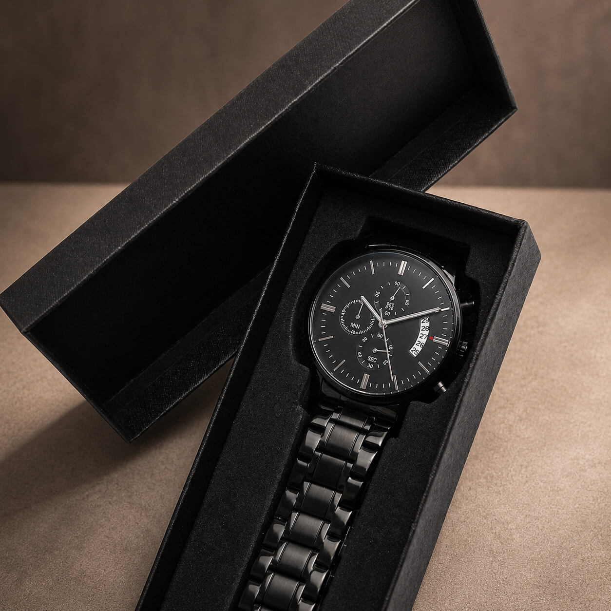 Personalized engraved black chronograph watch displayed in Two Tone gift box