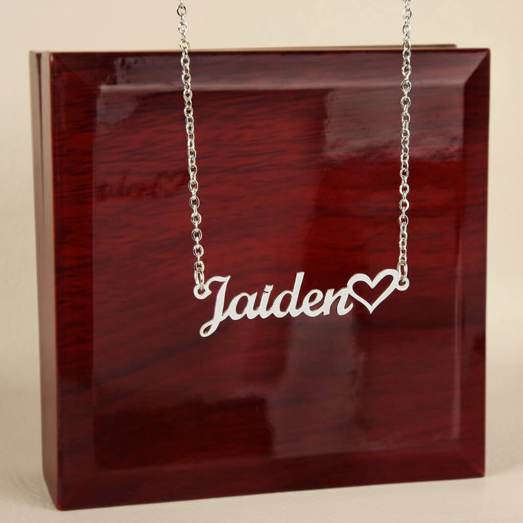 Personalized Heart Name Necklace in polished stainless steel with luxury gift box
