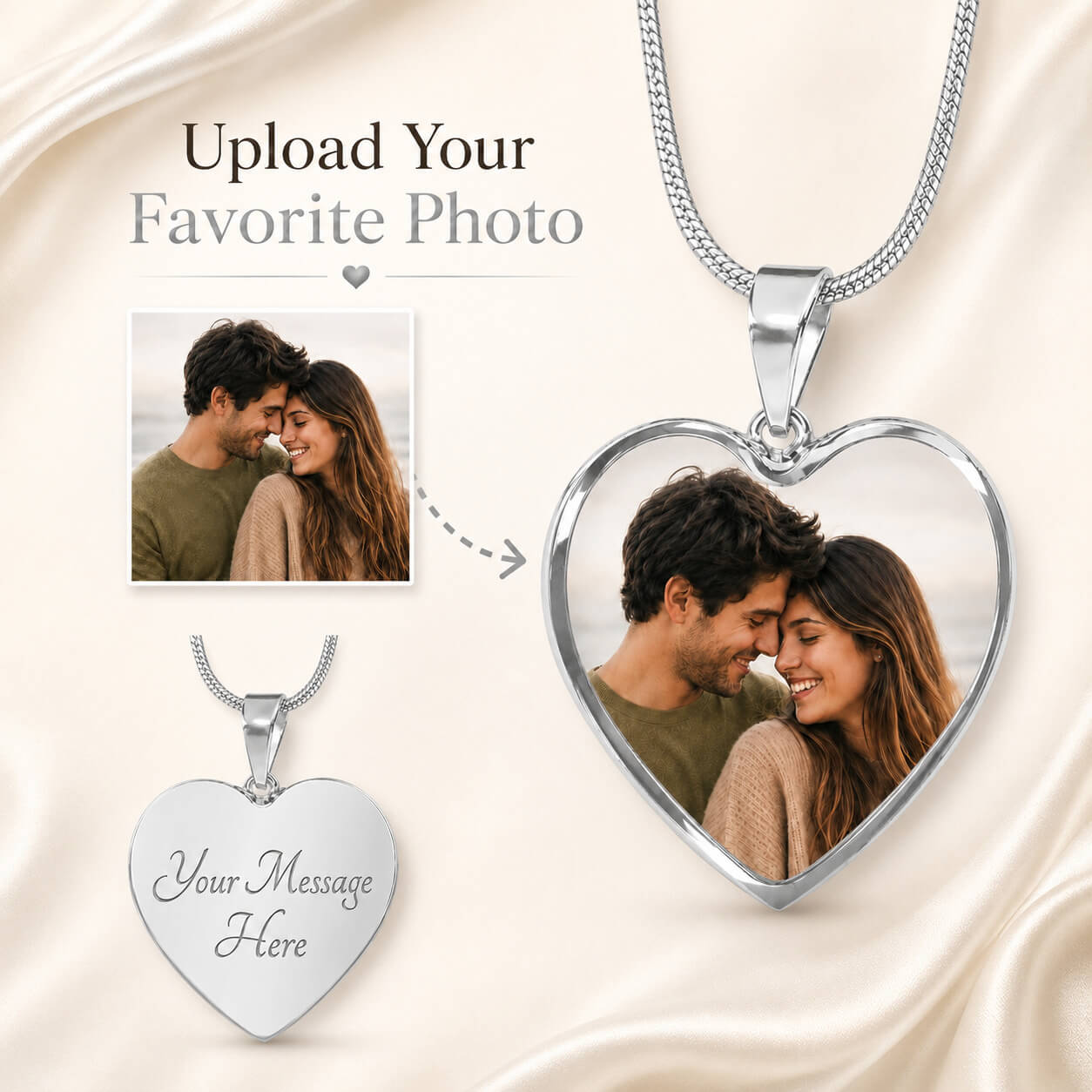 Personalized heart photo necklace in silver with photo upload and back engraving option