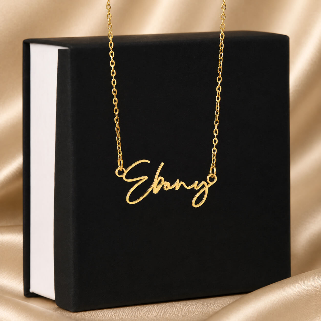 Personalized signature name necklace in gold with standard gift box