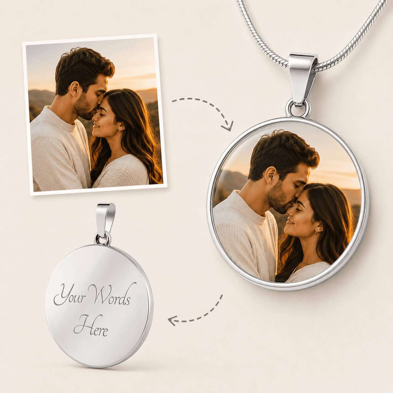 Silver personalized circle photo necklace with custom engraving and couple portrait