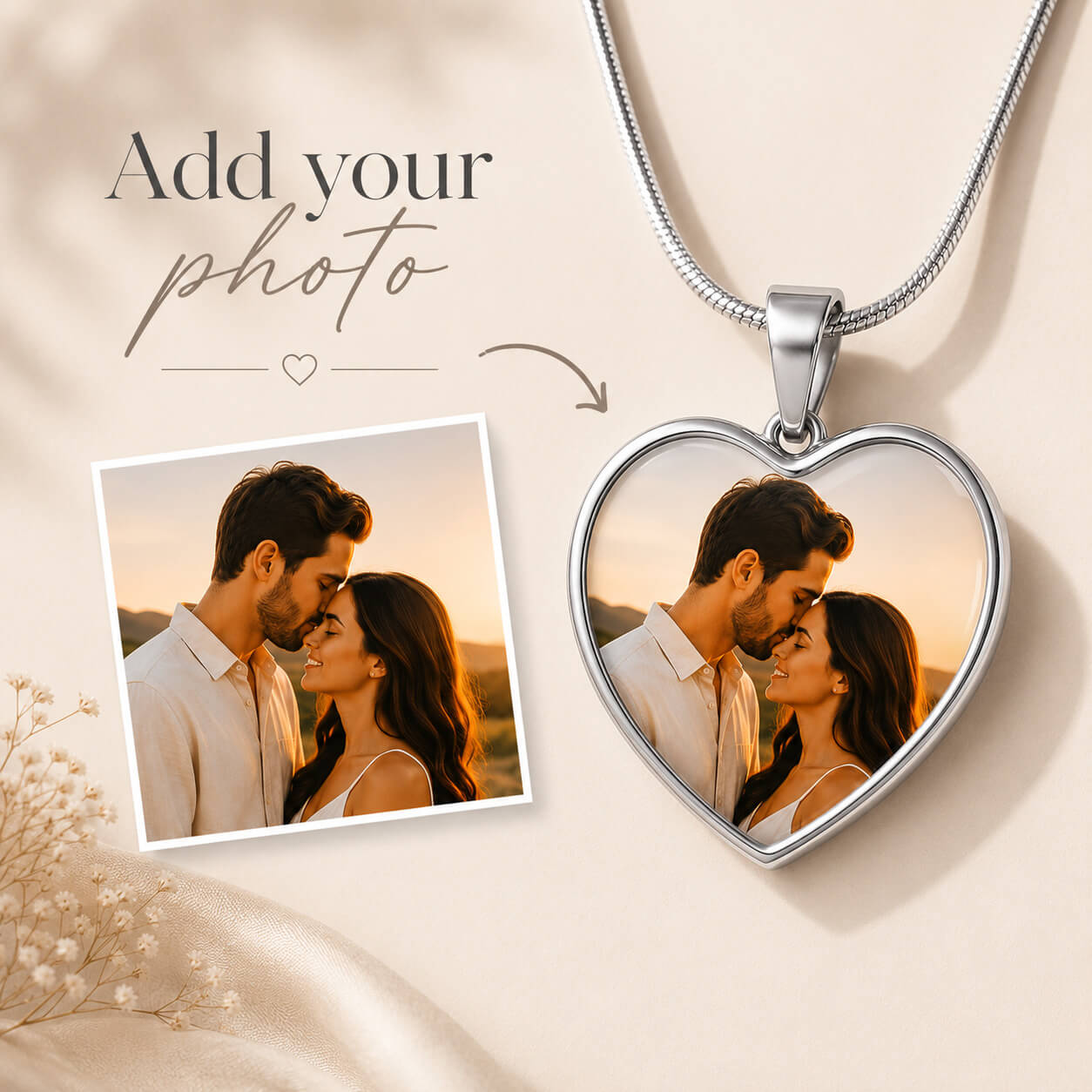 Silver personalized heart photo necklace with romantic couple portrait preview
