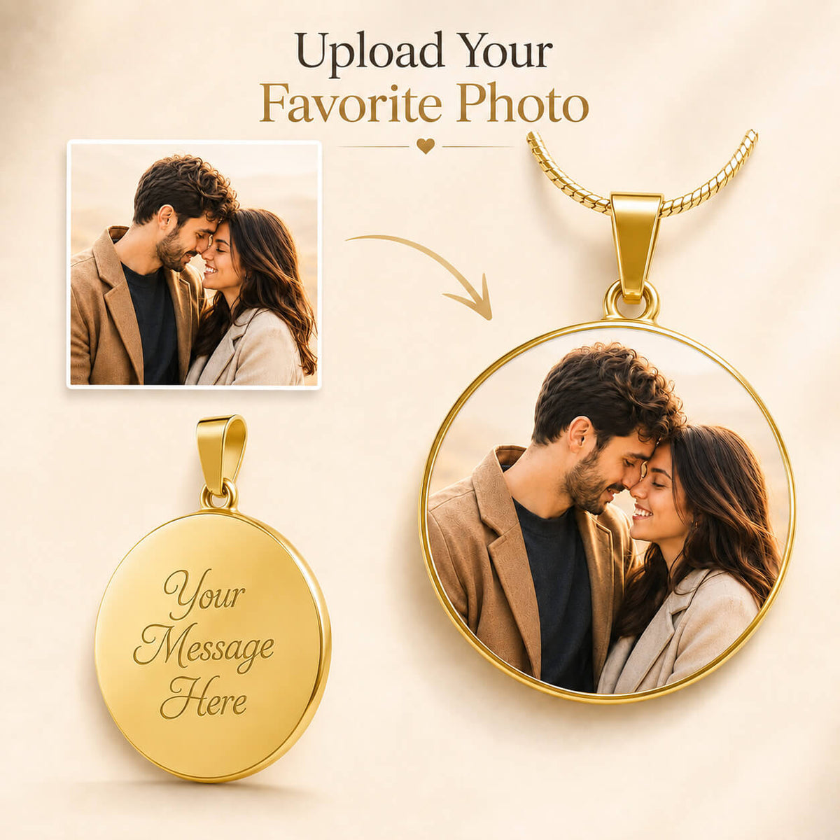 Personalized photo circle necklace in gold with upload photo and back engraving option