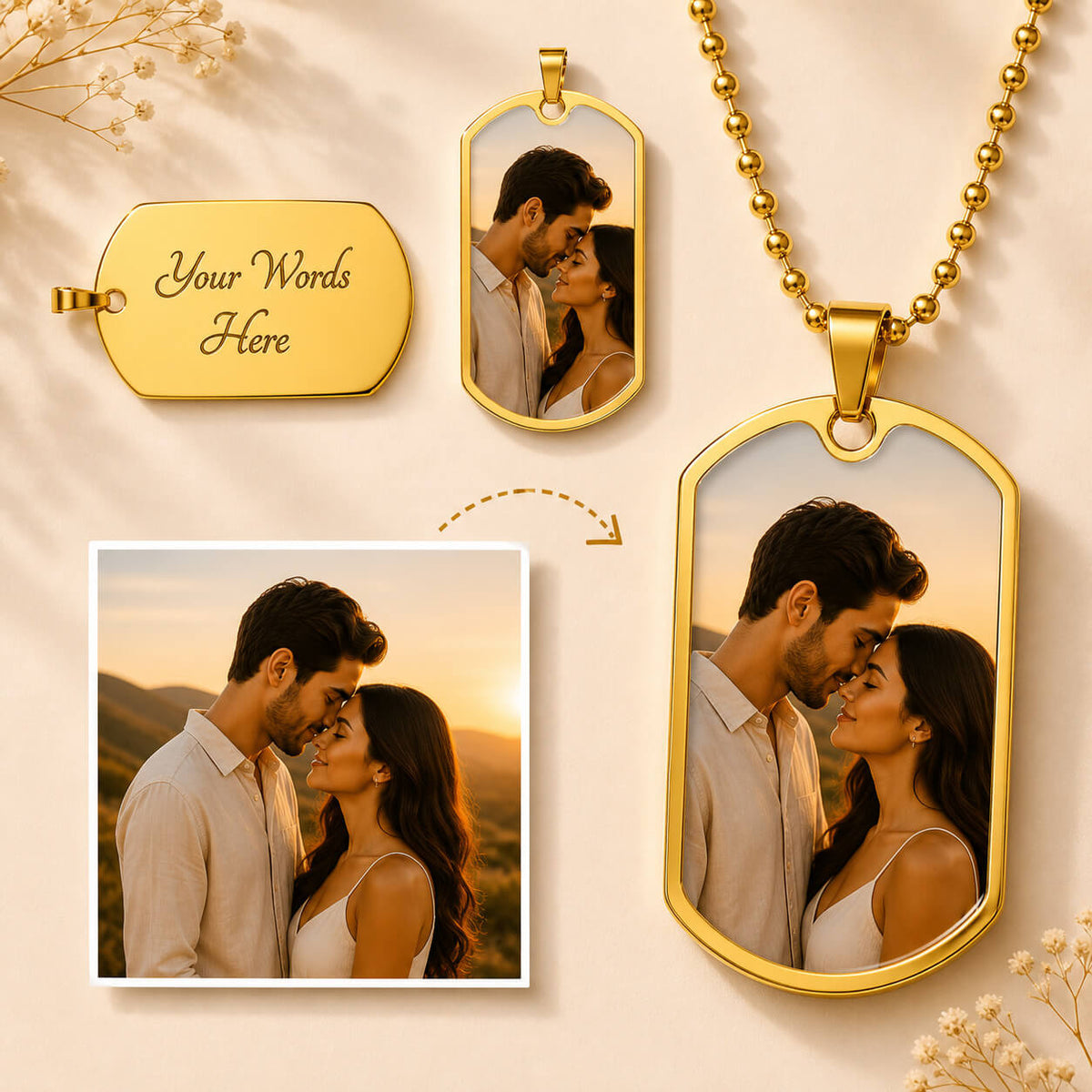 Gold personalized dog tag photo necklace with custom engraving and couple portrait