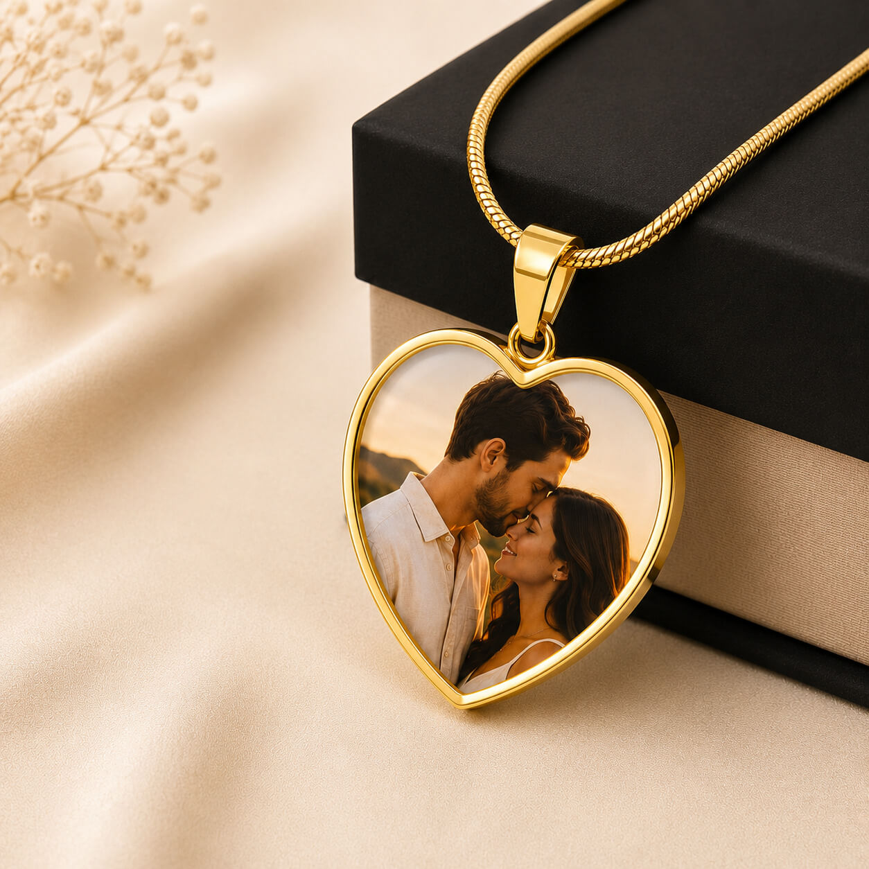 Gold personalized heart photo necklace with couple portrait displayed beside gift box
