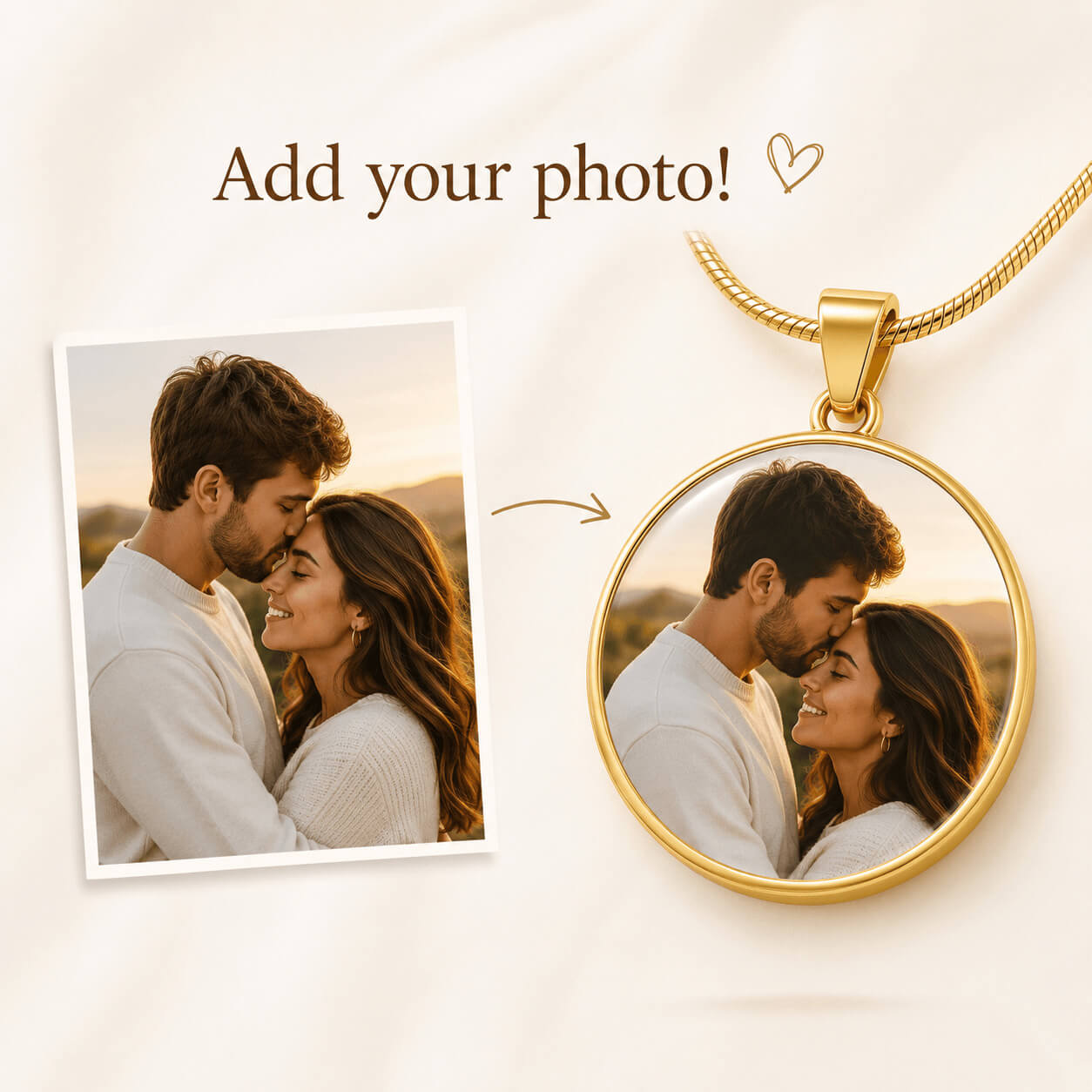 Gold personalized circle photo necklace with romantic couple portrait preview