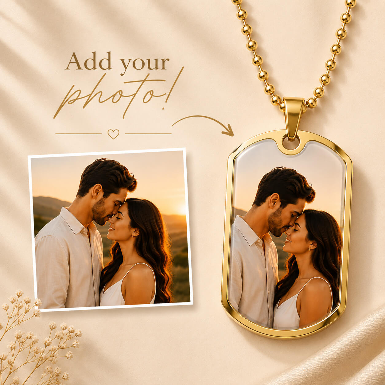 Gold personalized dog tag photo necklace with romantic couple portrait preview