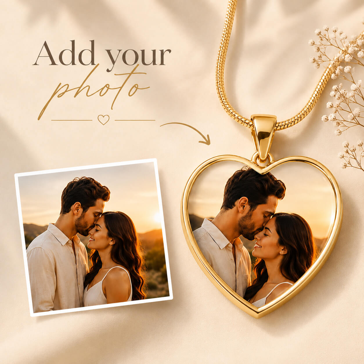 Gold personalized heart photo necklace with romantic couple portrait preview