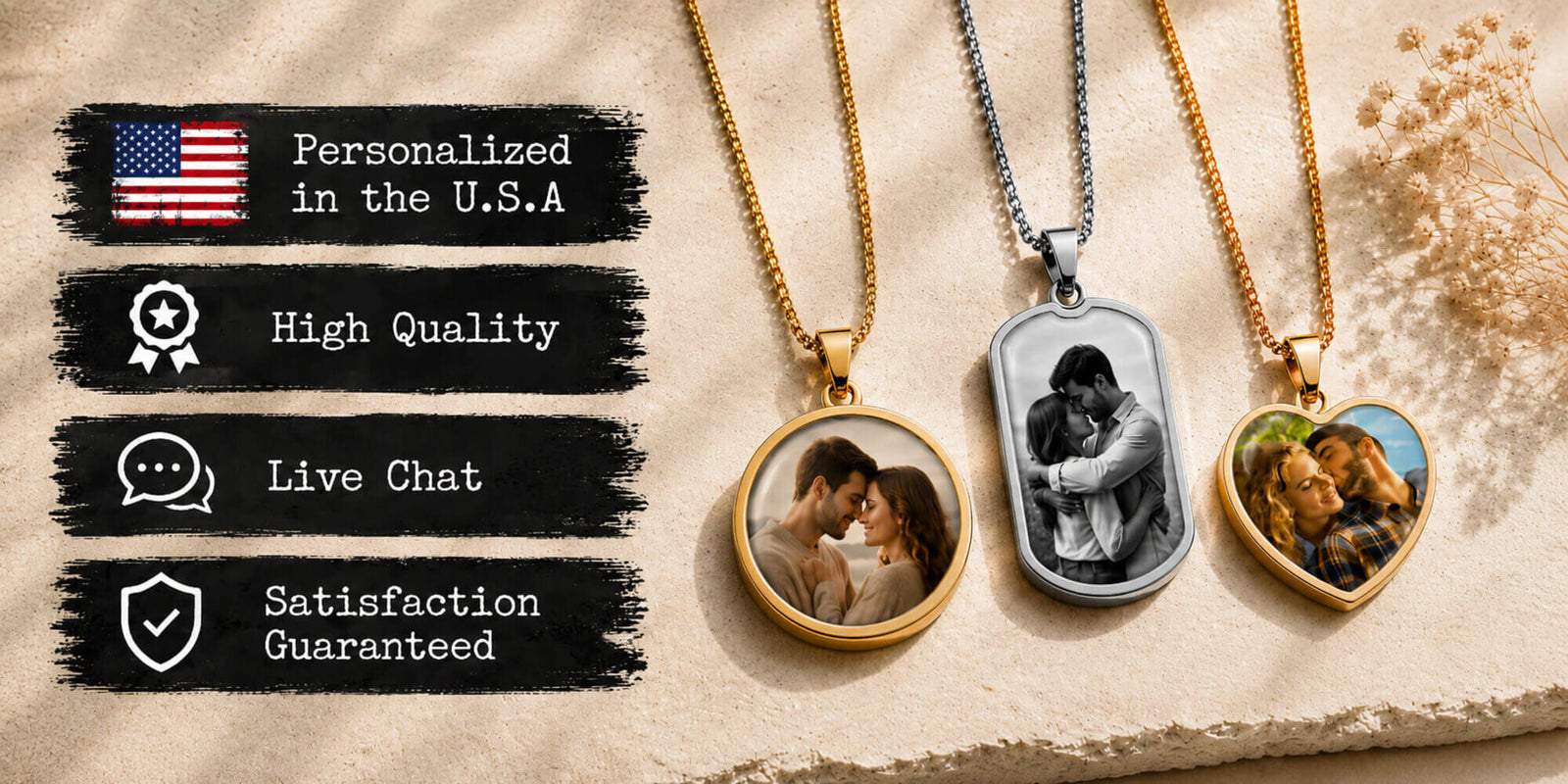 Personalized photo necklaces with custom couple portraits and premium quality jewelry.
