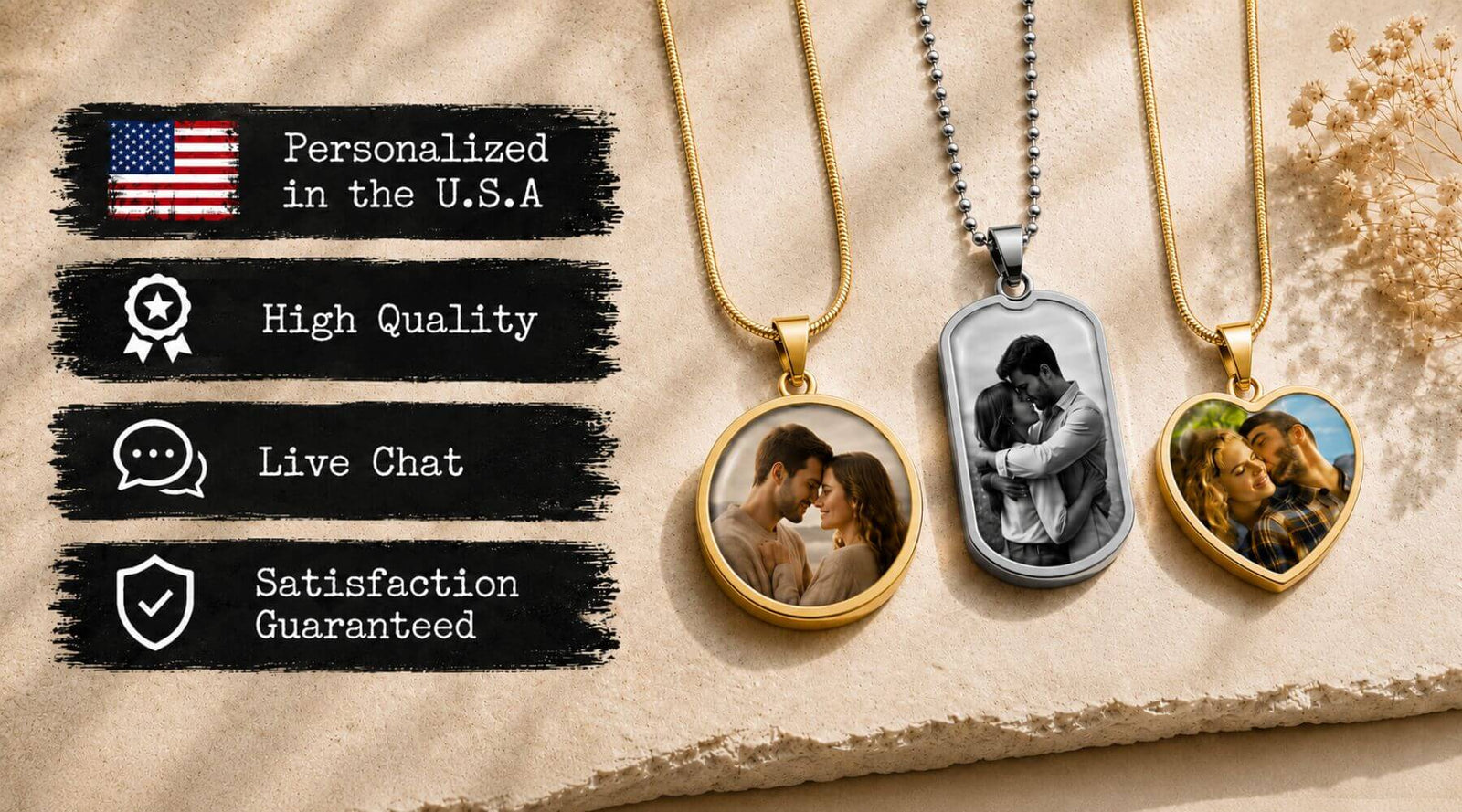 Personalized photo necklaces with custom couple portraits and premium quality jewelry.