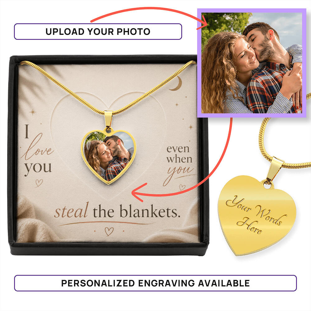 Personalized heart photo necklace in gold with custom engraving option