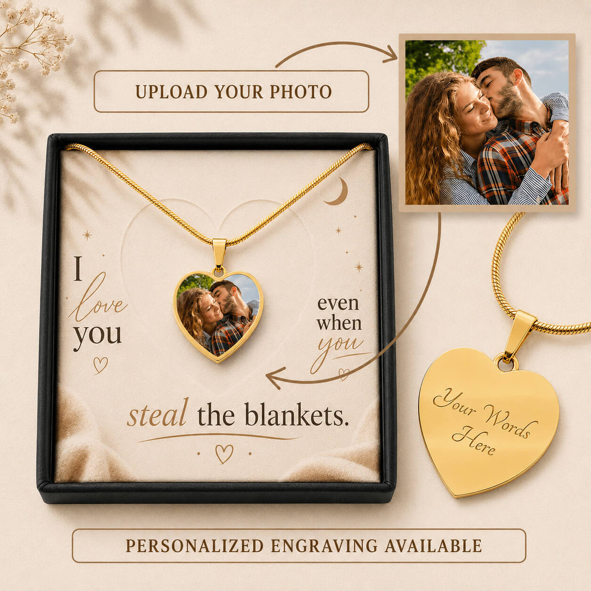 Personalized heart photo necklace in gold with custom engraving option