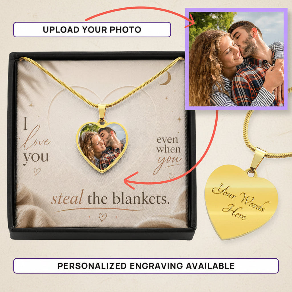 Personalized heart photo necklace in gold with custom engraving option