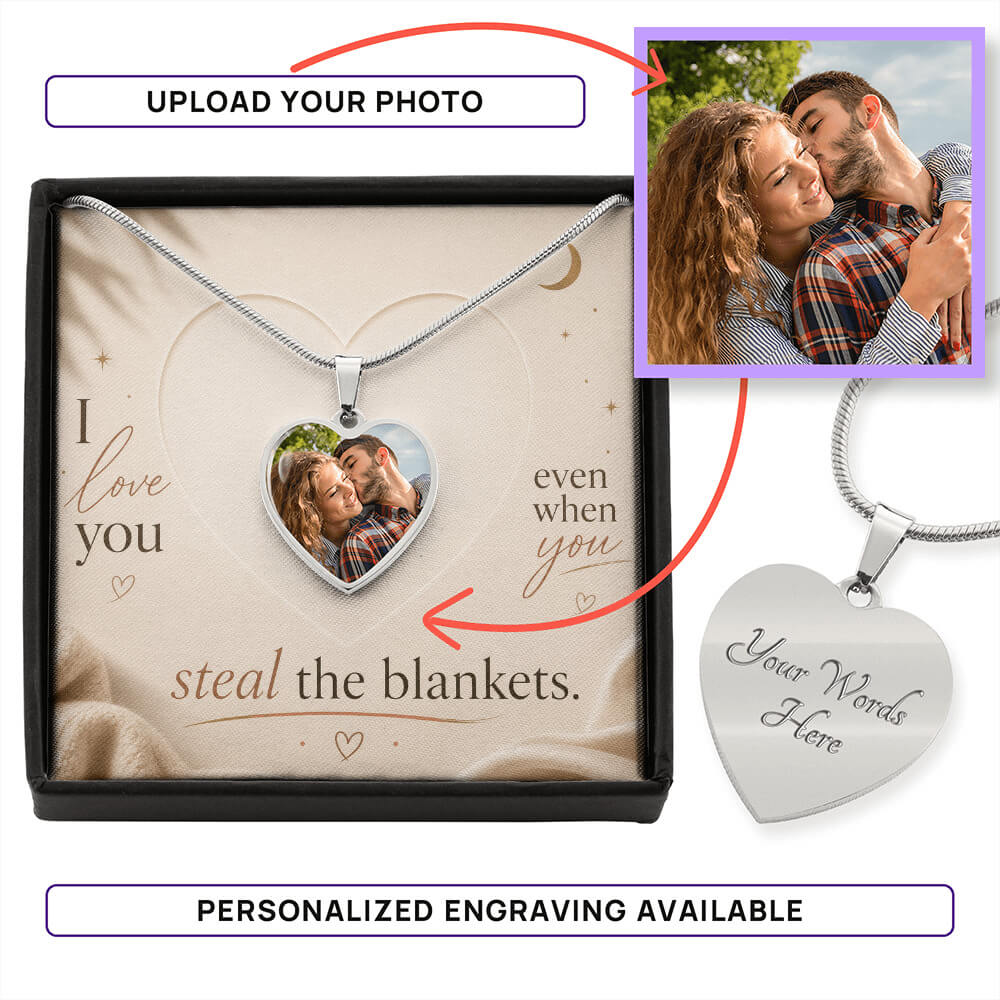 Personalized heart photo necklace in silver with custom engraving option