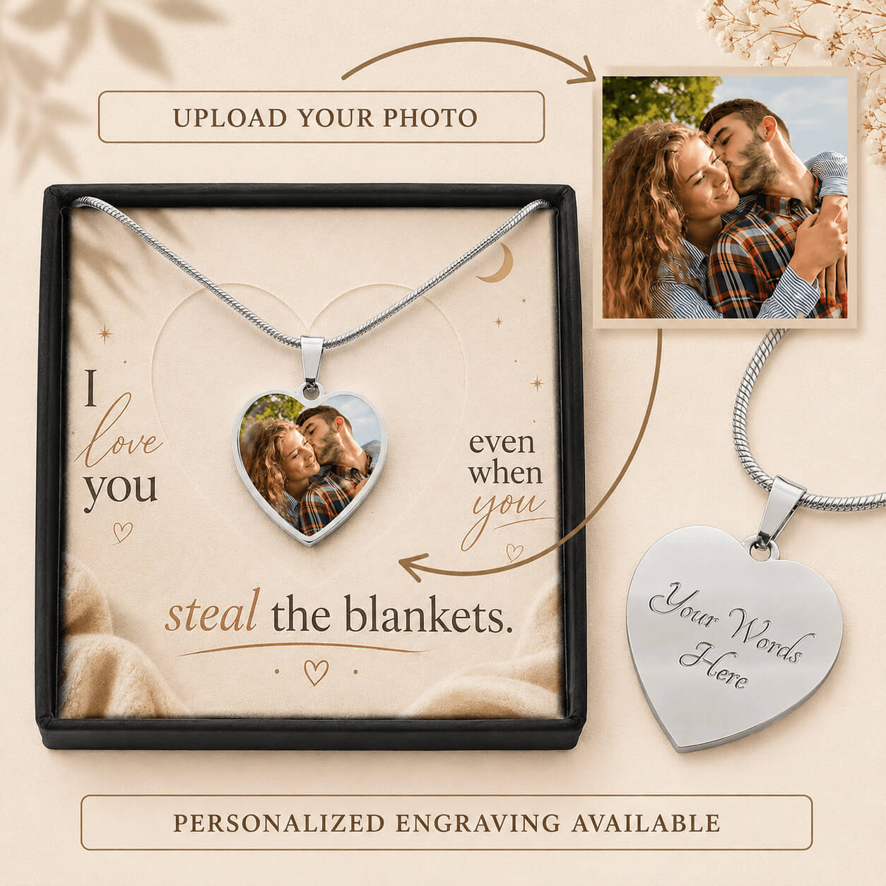 Personalized heart photo necklace in silver with custom engraving option