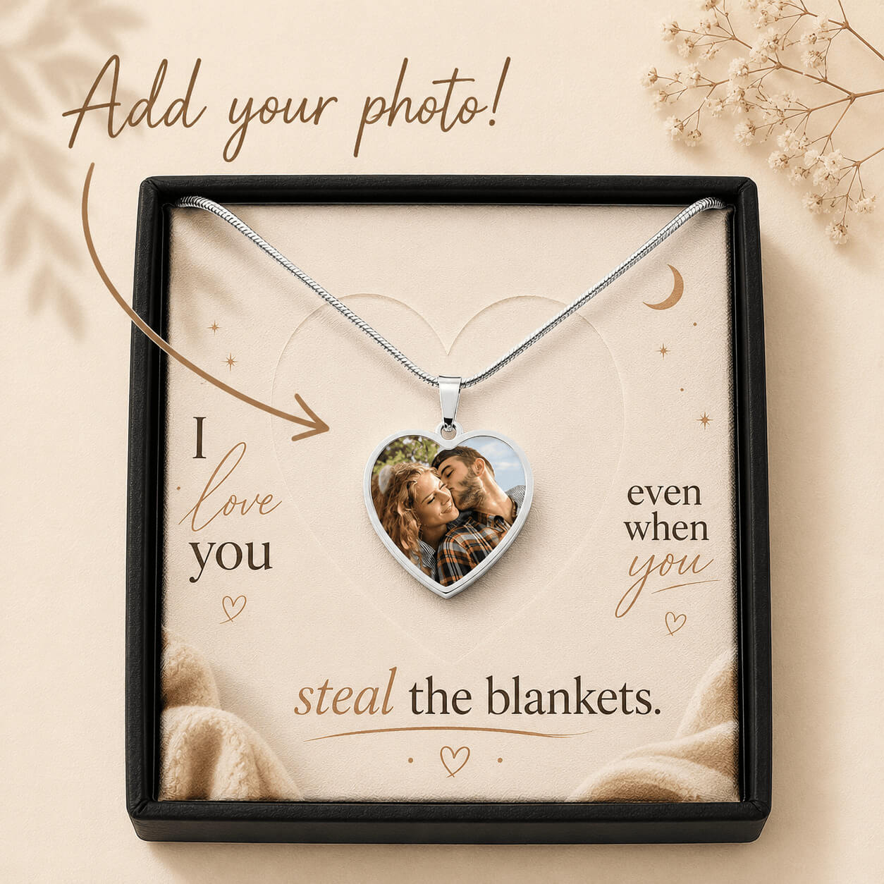 I Love You Even When You Steal The Blankets personalized heart photo necklace in silver finish