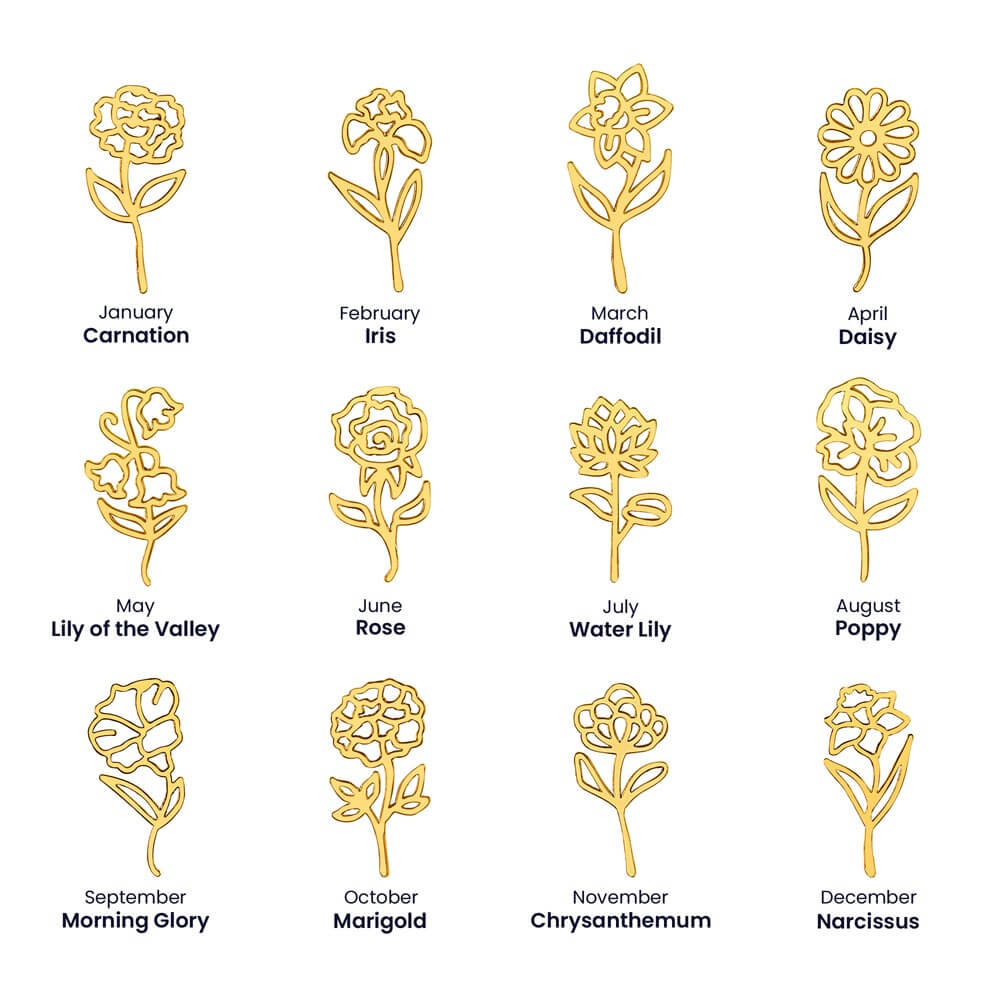 Gold birth flower chart for personalized birth flower name necklace by birth month