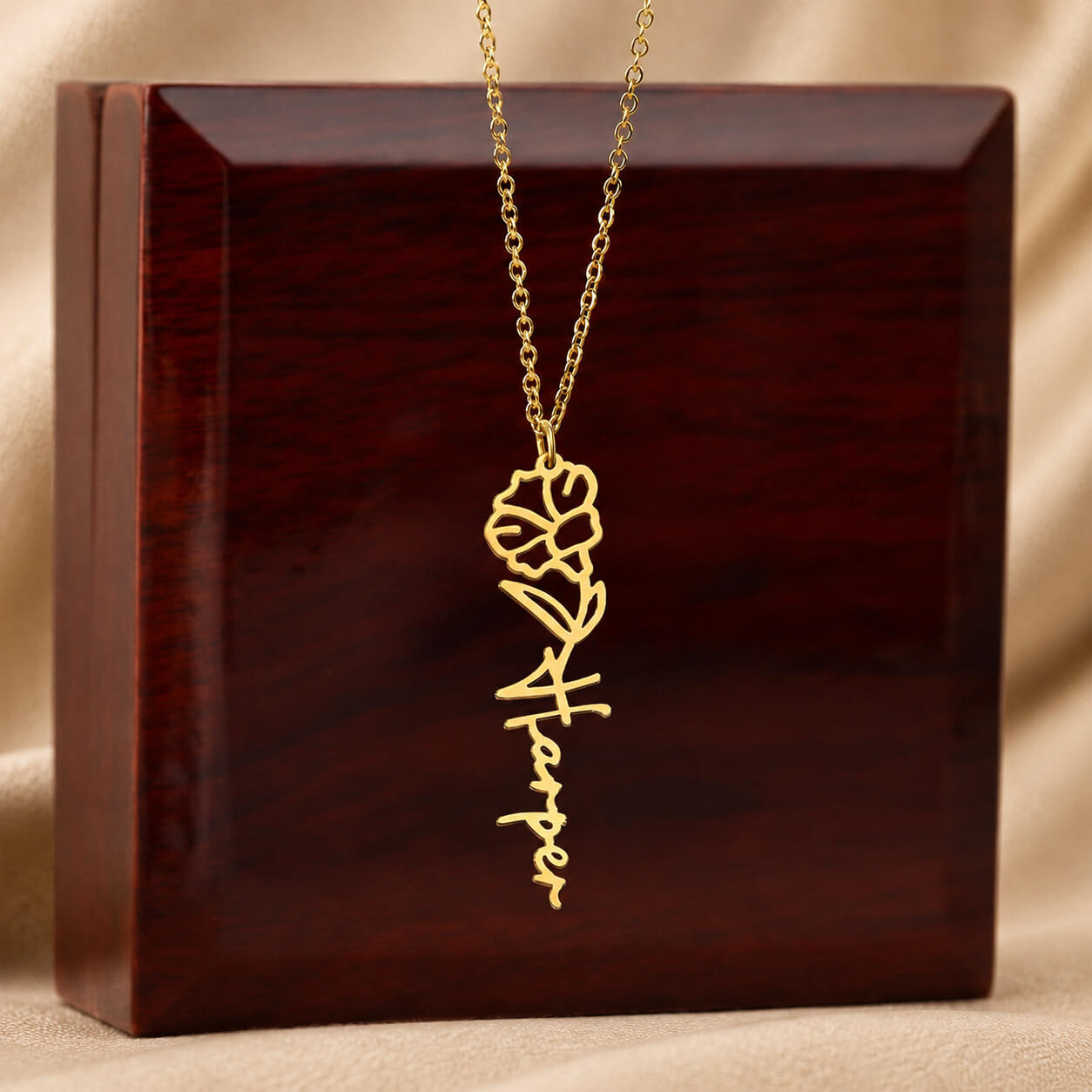 Personalized birth flower name necklace in gold with mahogany luxury box