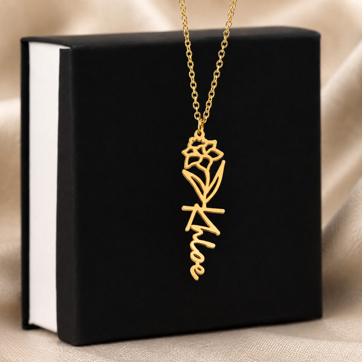 Personalized birth flower name necklace in gold with standard gift box
