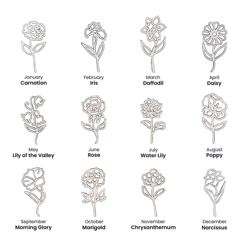 Silver birth flower chart for personalized birth flower name necklace by birth month