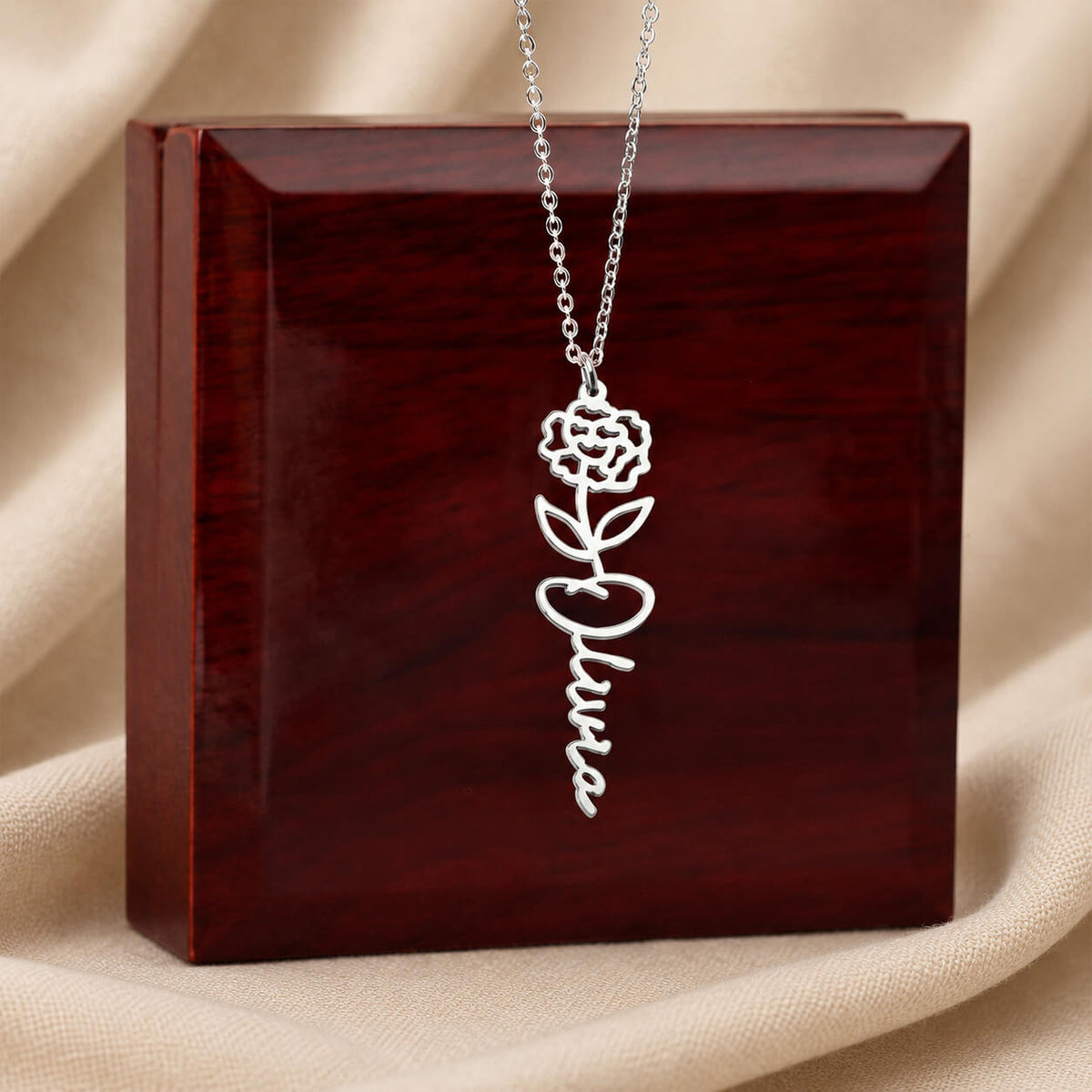 Personalized birth flower name necklace in silver with mahogany luxury box