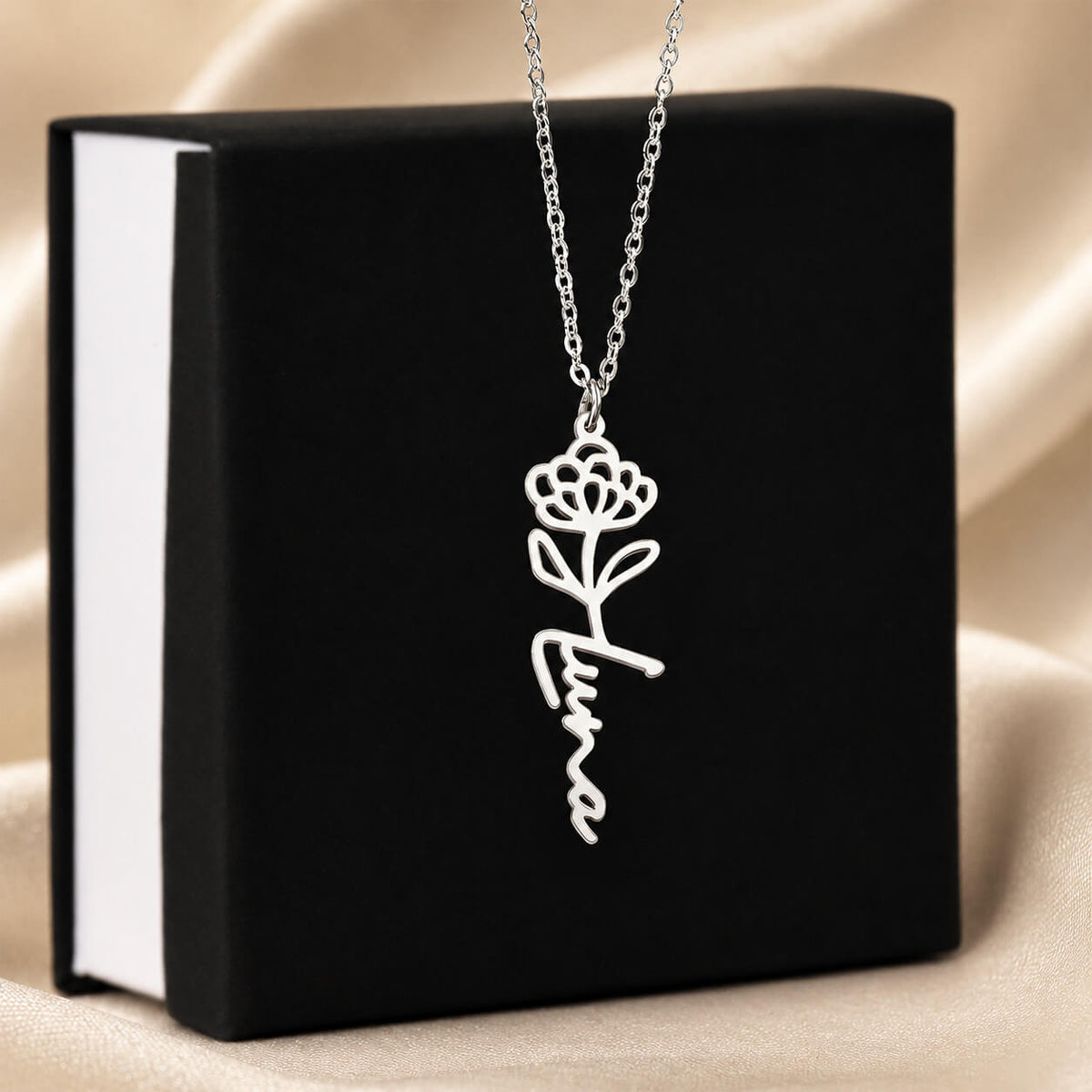 Personalized birth flower name necklace in silver with standard gift box