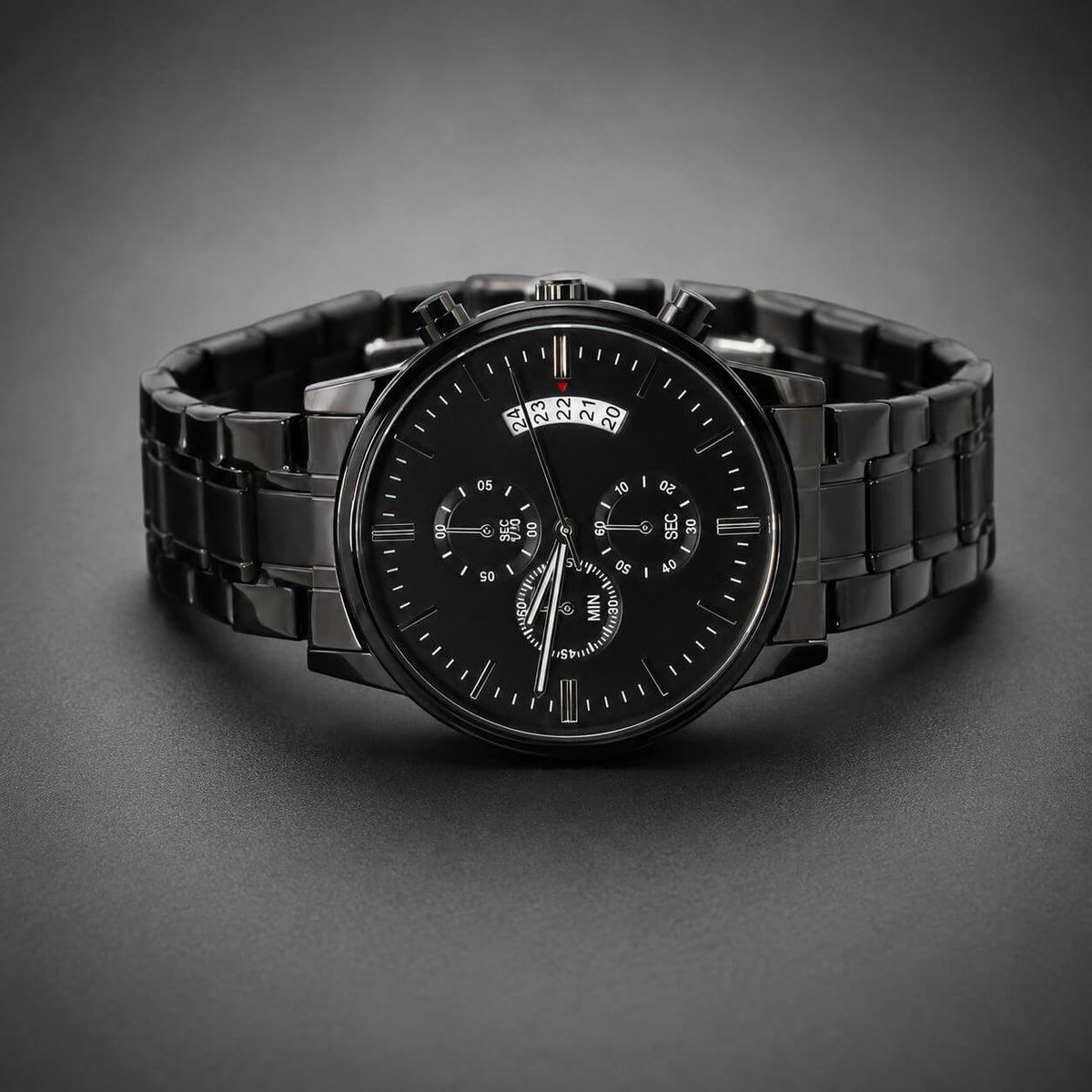Front view of personalized engraved black chronograph watch