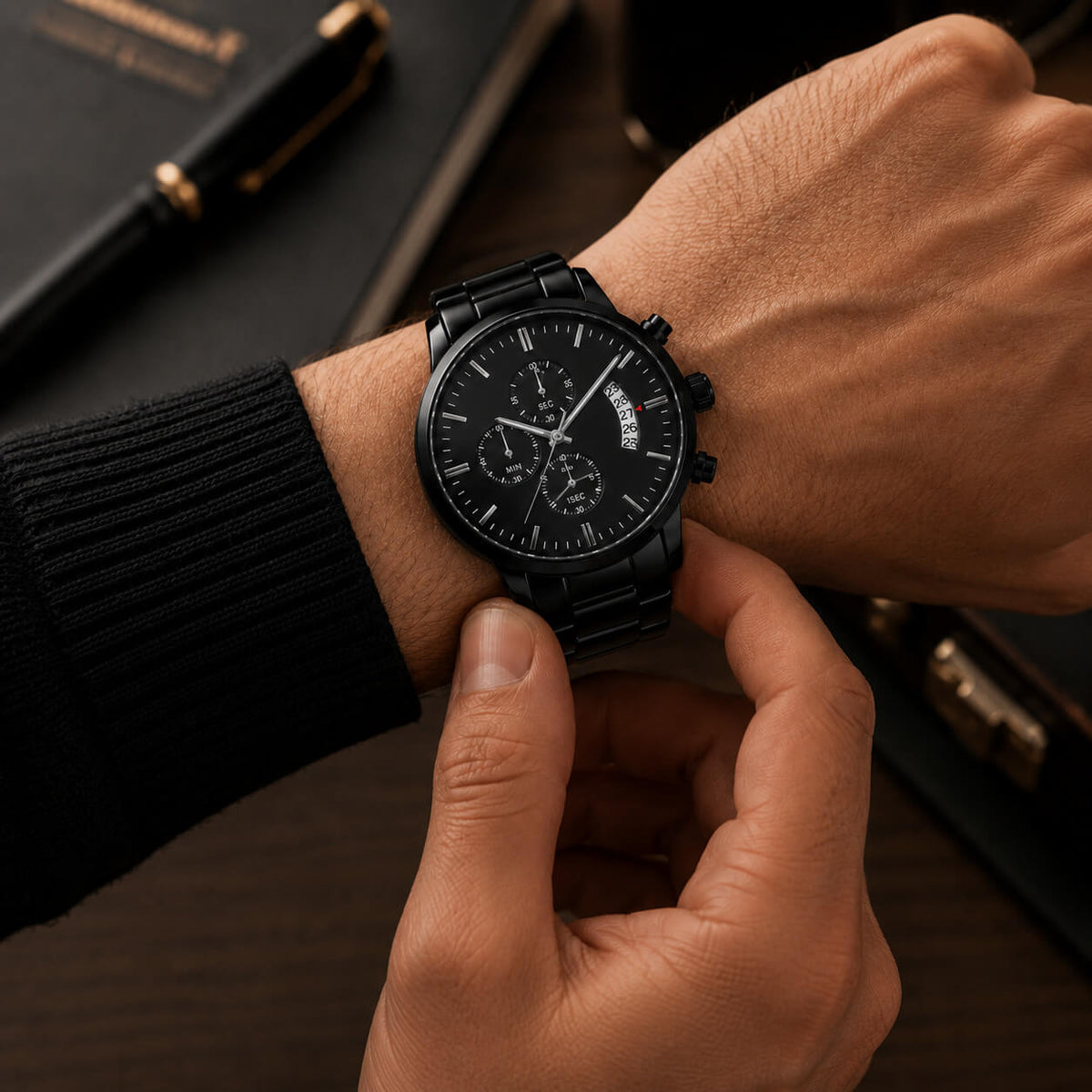 Personalized engraved black chronograph watch worn by a man