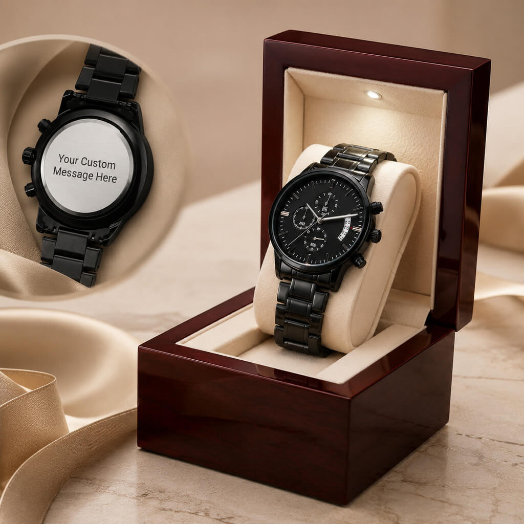 Personalized engraved watch in a luxury box with custom message on the back