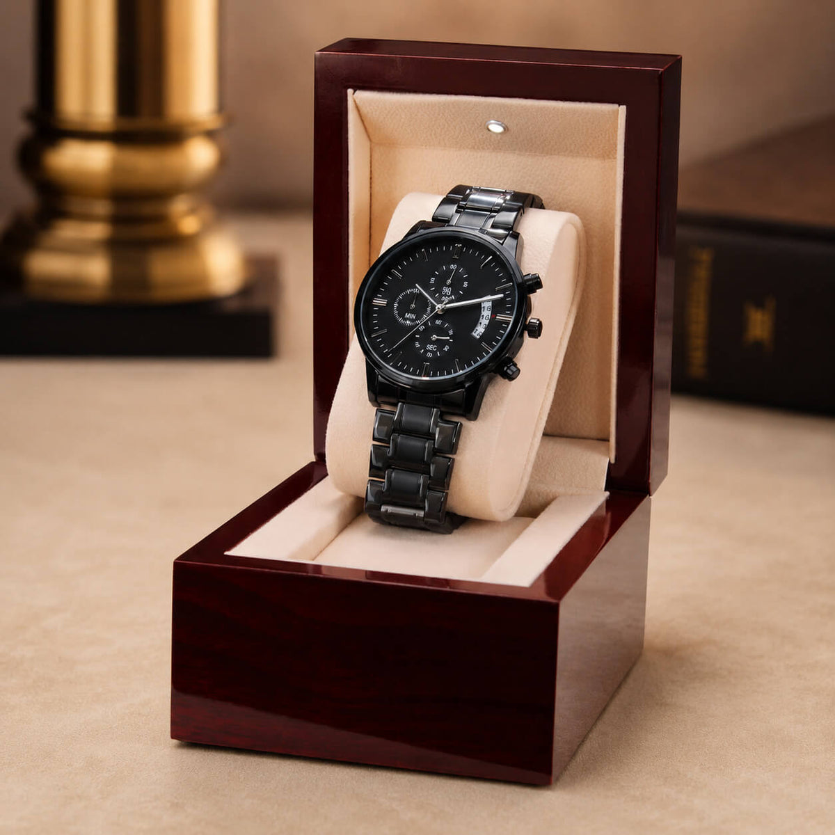 Personalized engraved black chronograph watch displayed in Luxury Box with LED light