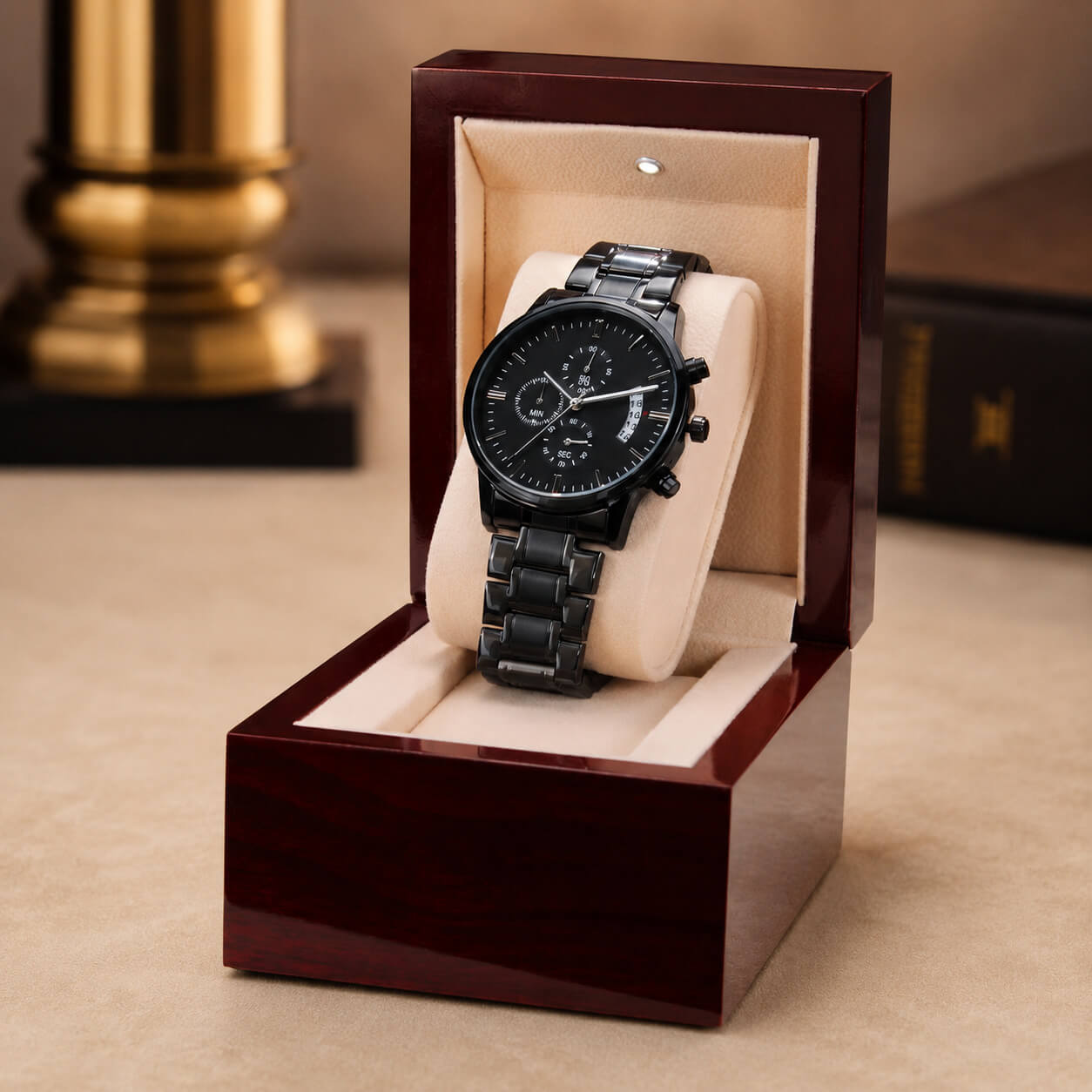 Personalized engraved black chronograph watch displayed in Luxury Box with LED light