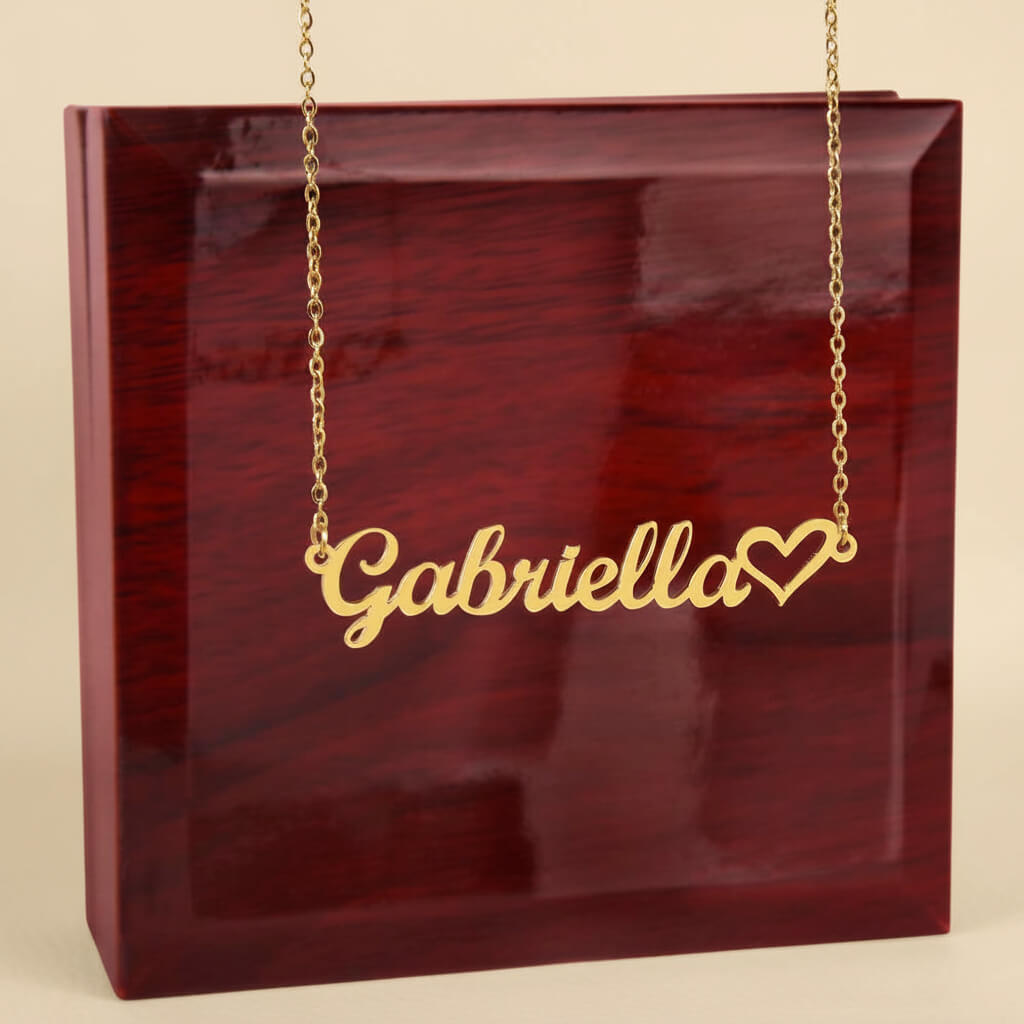 Personalized Heart Name Necklace in 18K Gold Finish displayed with luxury gift box