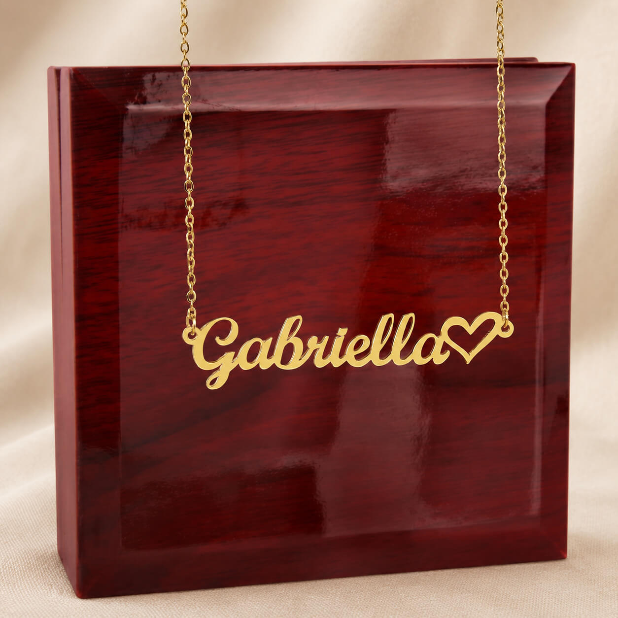 Personalized Heart Name Necklace in 18K Gold Finish displayed with luxury gift box