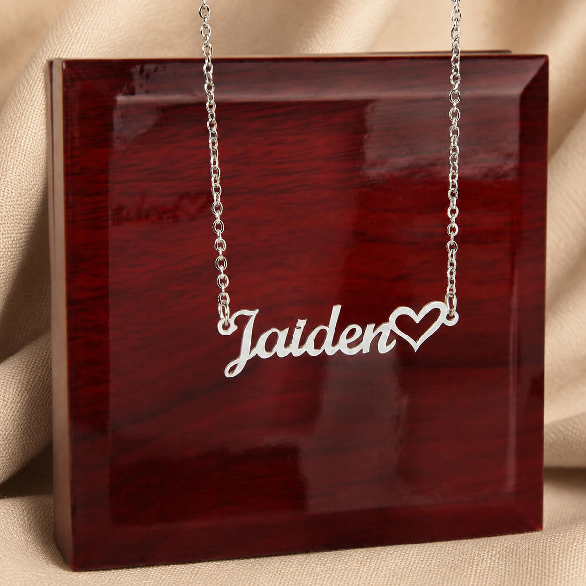 Personalized Heart Name Necklace in polished stainless steel with luxury gift box