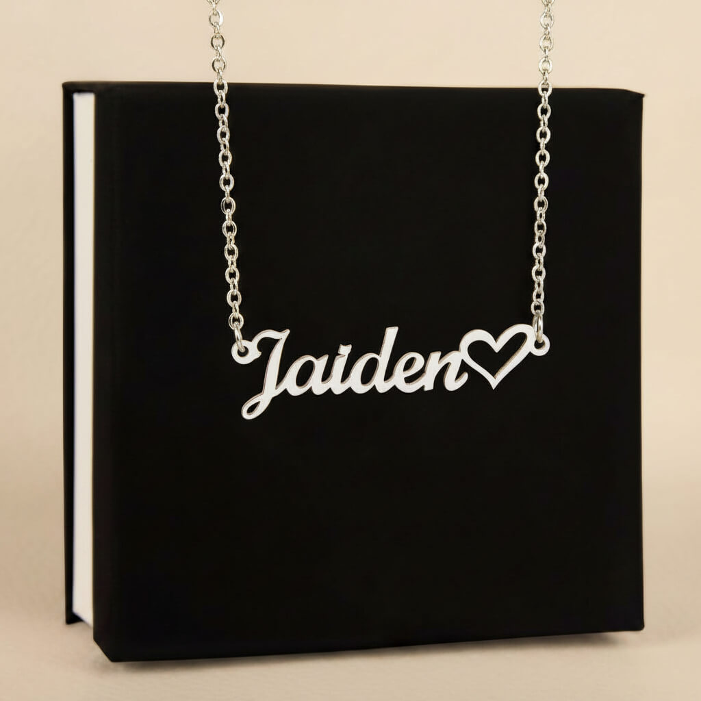 Personalized Heart Name Necklace in polished stainless steel with standard gift box