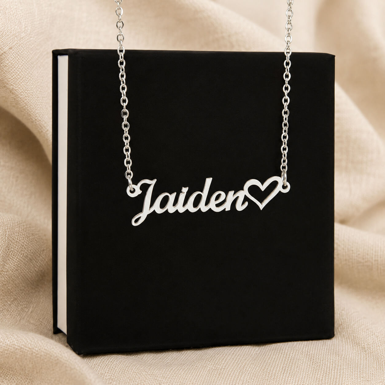 Personalized Heart Name Necklace in polished stainless steel with standard gift box