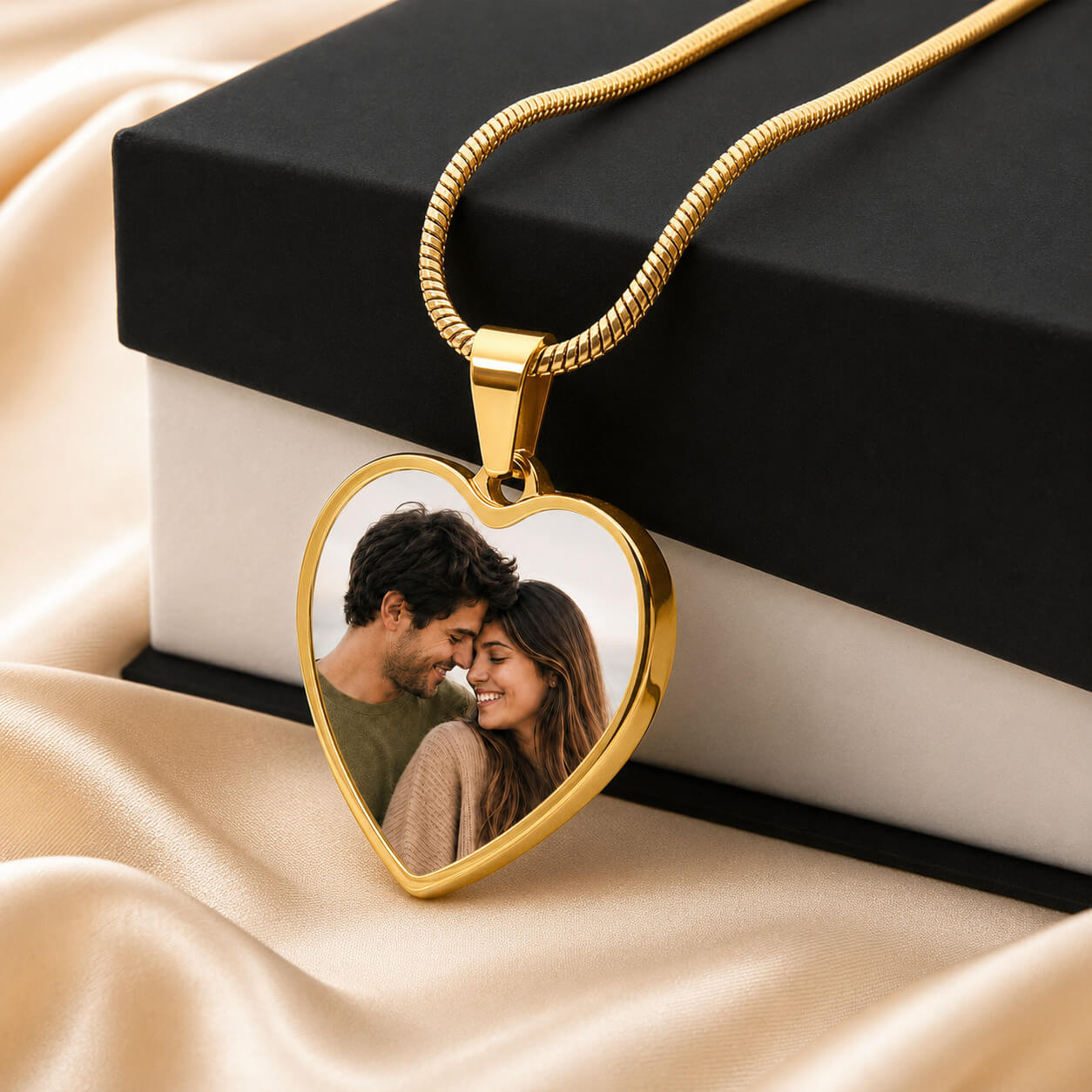Personalized heart photo necklace in gold with standard gift box