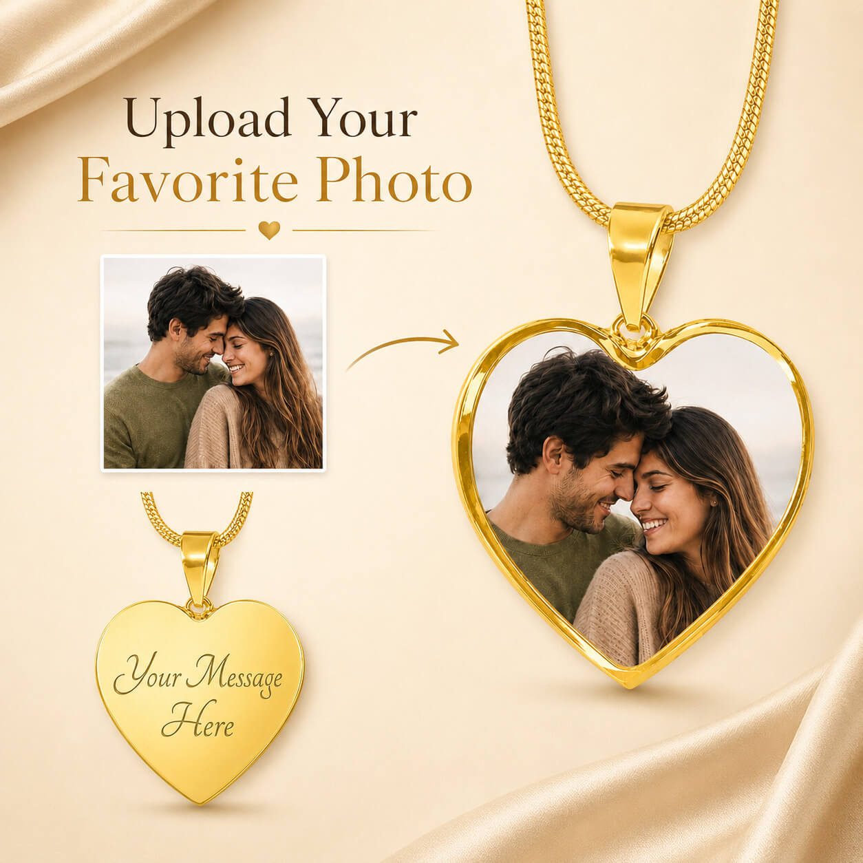 Personalized heart photo necklace in gold with photo upload and back engraving option