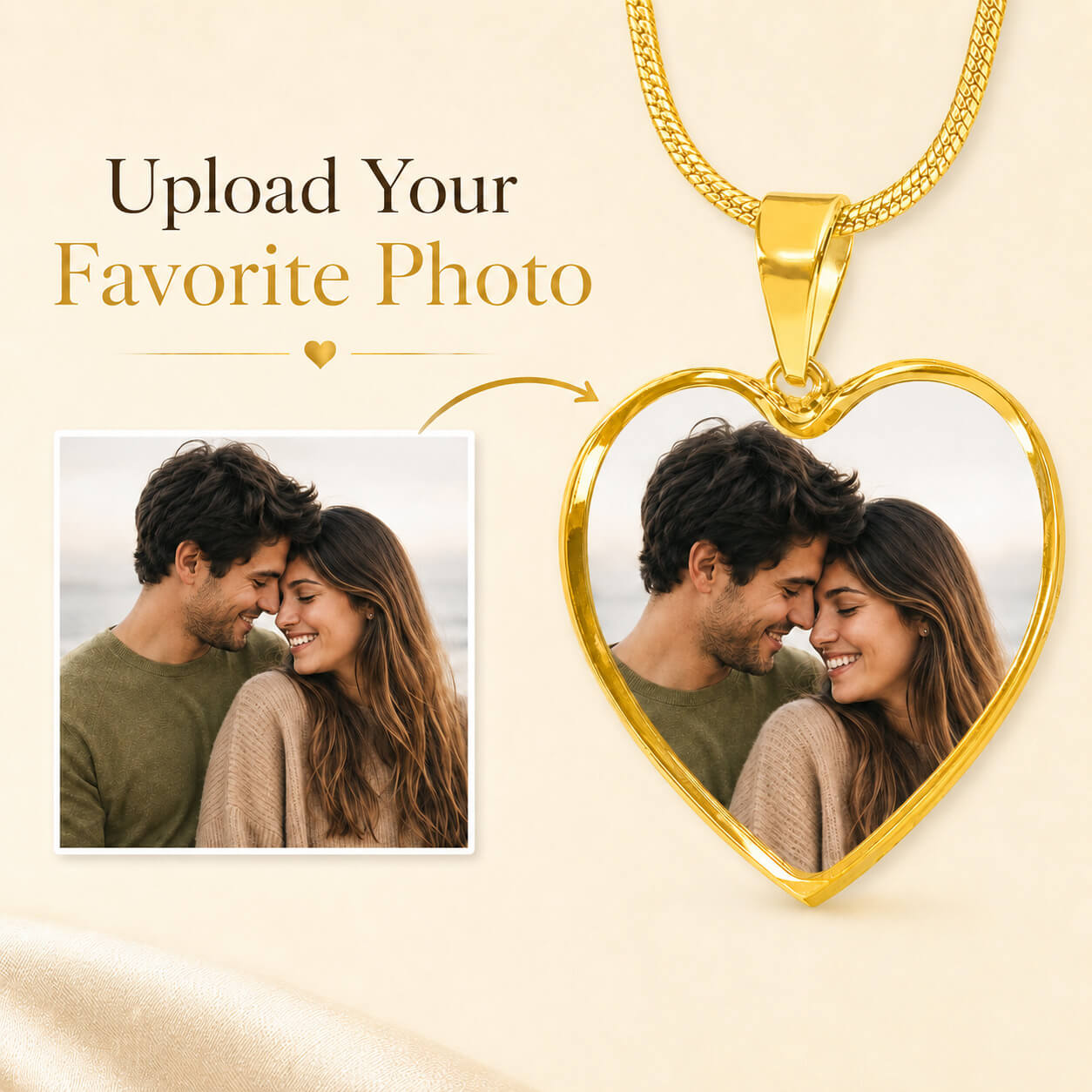 Personalized heart photo necklace in gold showing photo upload