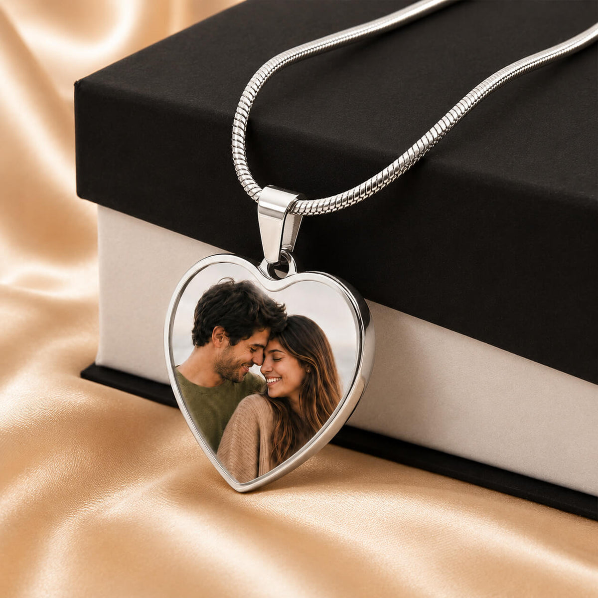 Personalized heart photo necklace in silver with standard gift box