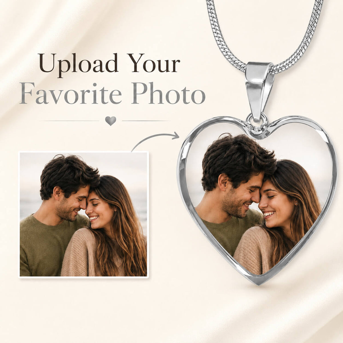 Personalized heart photo necklace in silver showing photo upload