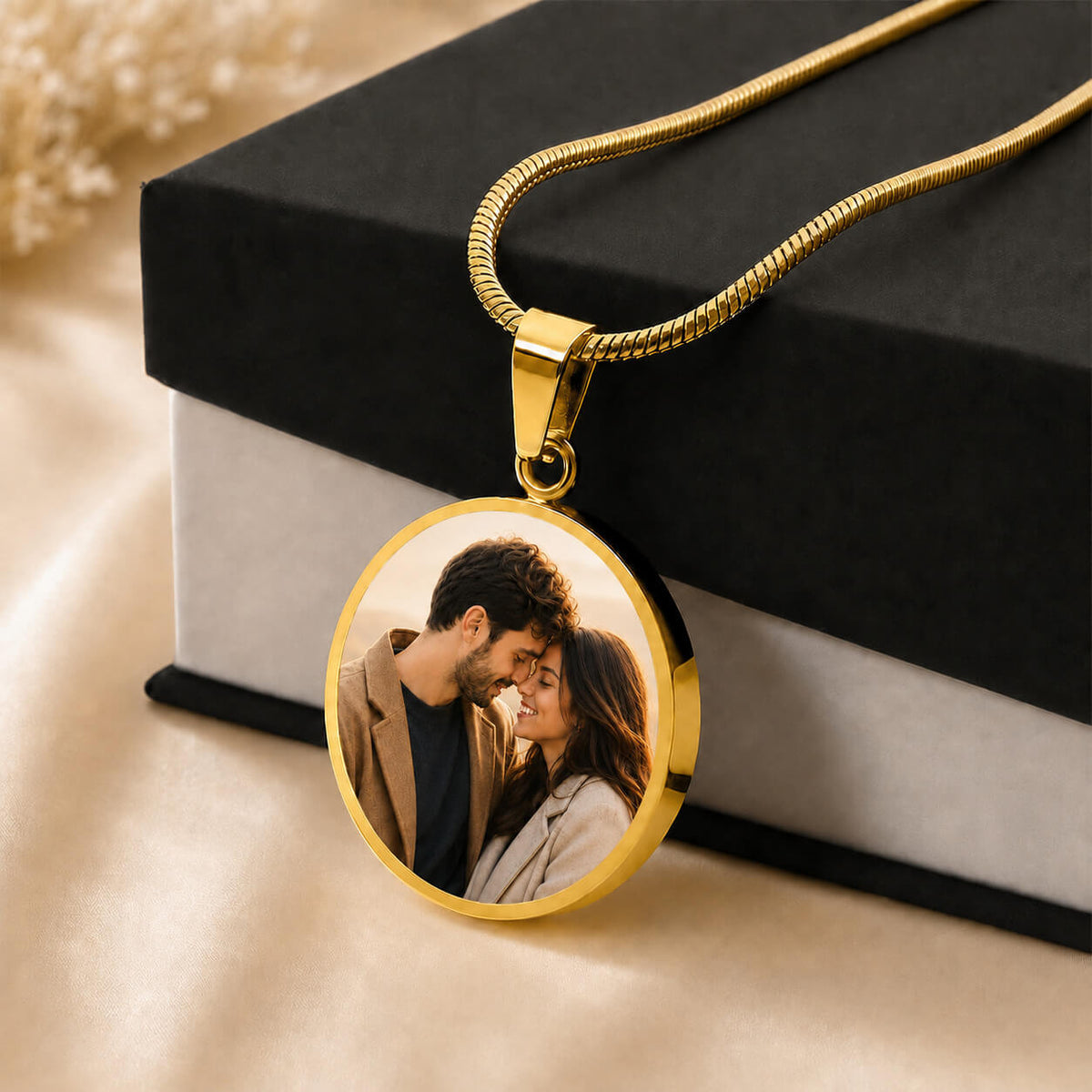 Personalized photo circle necklace in gold with standard gift box