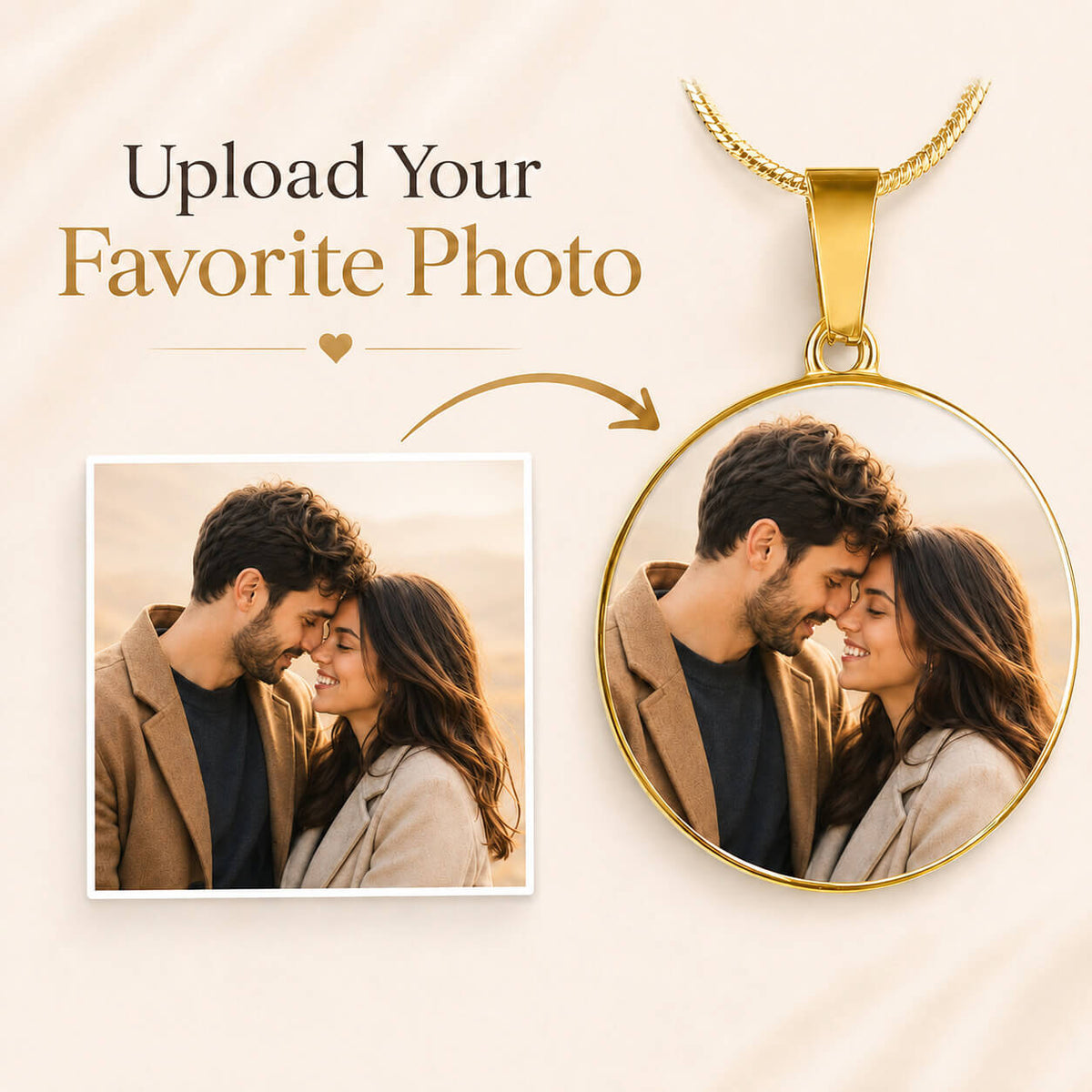 Personalized photo circle necklace in gold showing photo upload